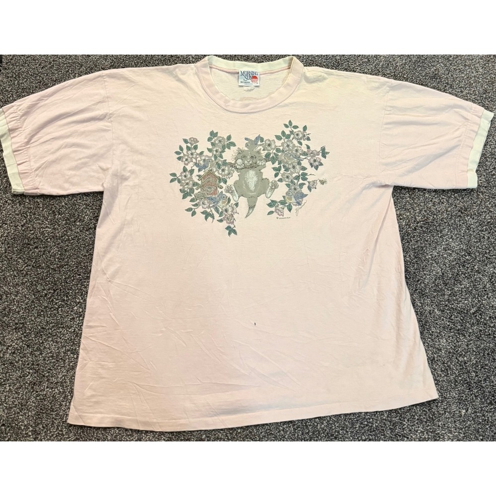 Vintage Morning Sun Pink Cat Floral Bird Graphic T-Shirt Made in USA Womens XL